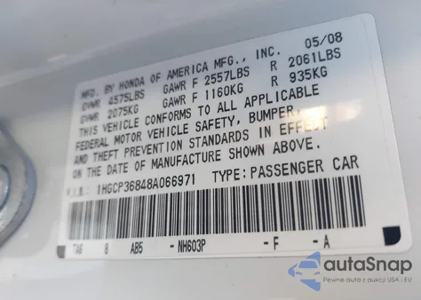 2008 Honda Accord 3.5 Ex-L из США, поврежденный, VIN 1HGCP36848A066971